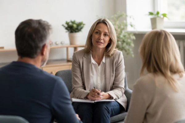 Couple discussing financial arrangement , pensions in divorce Havering